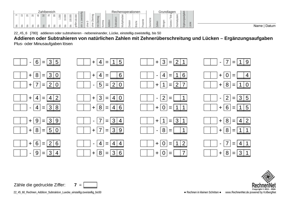 22_45_6 Rechnen Addition Subtraktion Lücke einstellig-zweistellig bis50