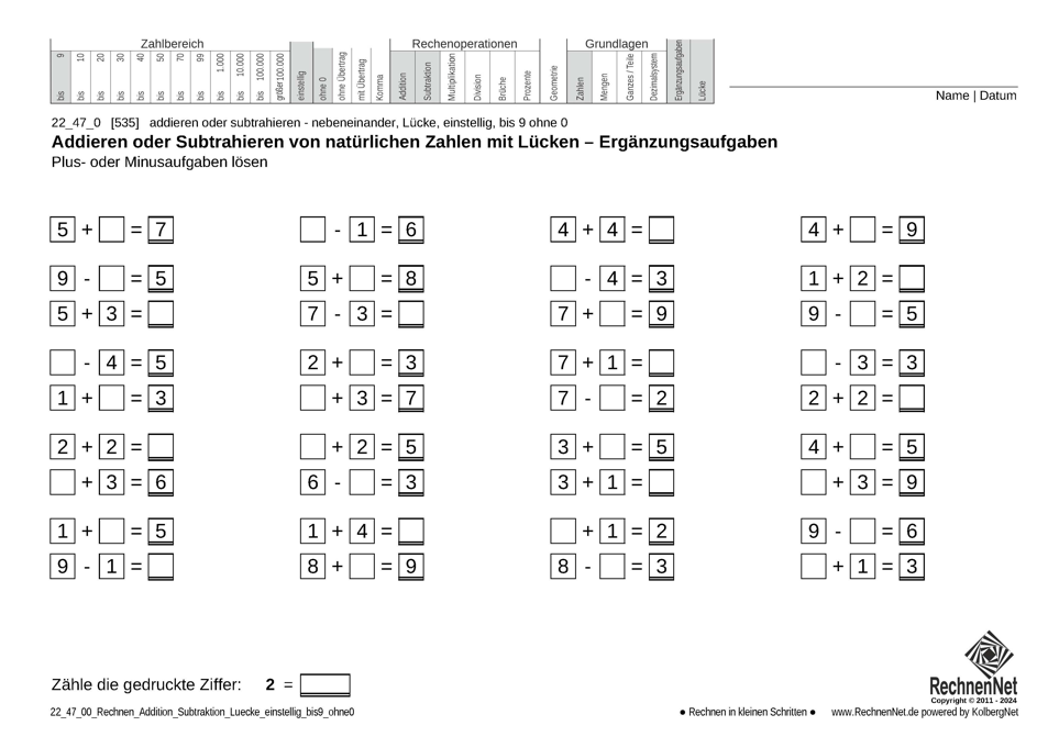 22_47_0 Rechnen Addition Subtraktion Lücke einstellig bis9 ohne0