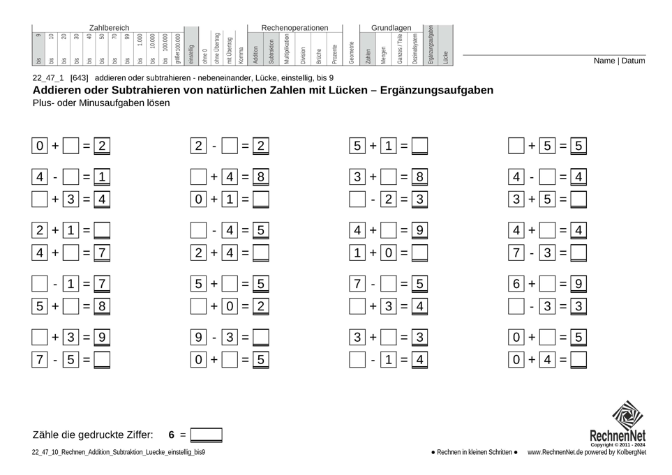 22_47_1 Rechnen Addition Subtraktion Lücke einstellig bis9