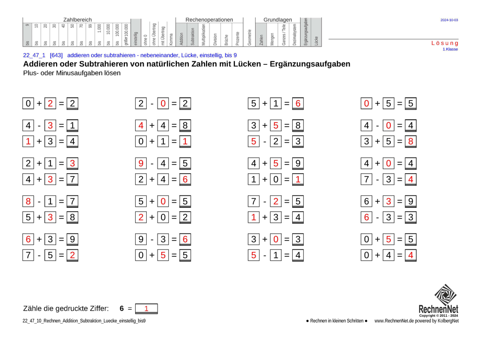 Lösung: 22_47_1 Rechnen Addition Subtraktion Lücke einstellig bis9