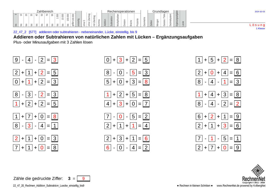 Lösung: 22_47_2 Rechnen Addition Subtraktion Lücke einstellig bis9