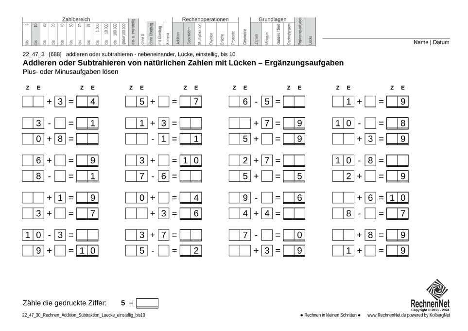 22_47_3 Rechnen Addition Subtraktion Lücke einstellig bis10
