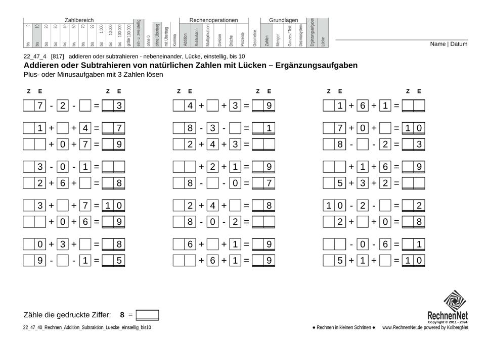 22_47_4 Rechnen Addition Subtraktion Lücke einstellig bis10