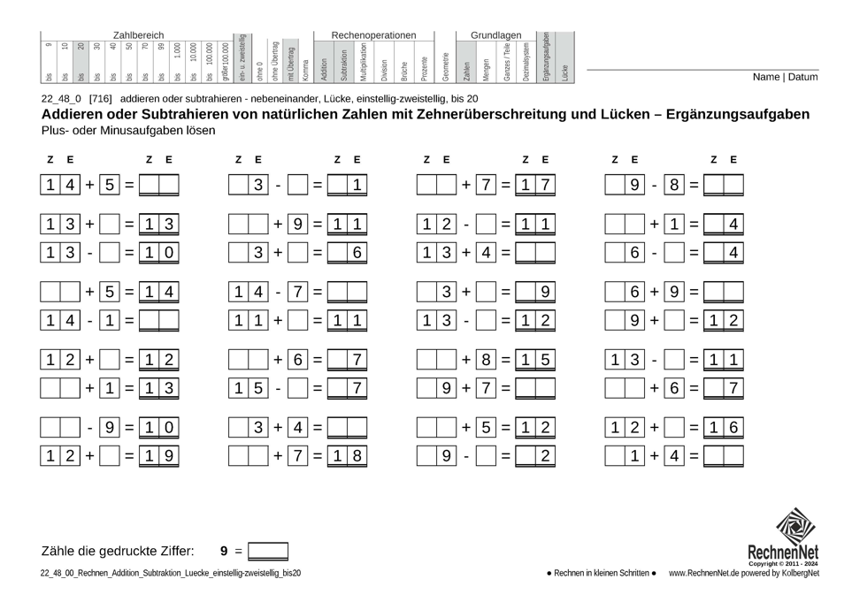 22_48_0 Rechnen Addition Subtraktion Lücke einstellig-zweistellig bis20