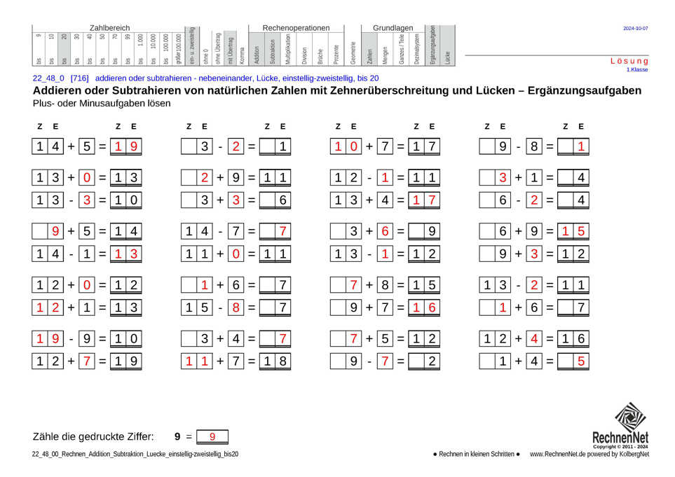 Lösung: 22_48_0 Rechnen Addition Subtraktion Lücke einstellig-zweistellig bis20