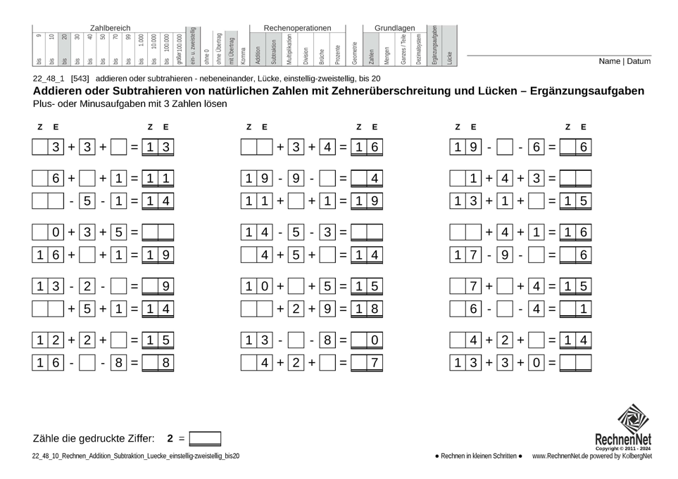 22_48_1 Rechnen Addition Subtraktion Lücke einstellig-zweistellig bis20