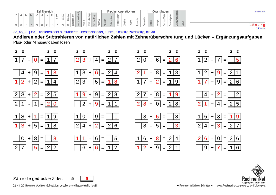 Lösung: 22_48_2 Rechnen Addition Subtraktion Lücke einstellig-zweistellig bis30