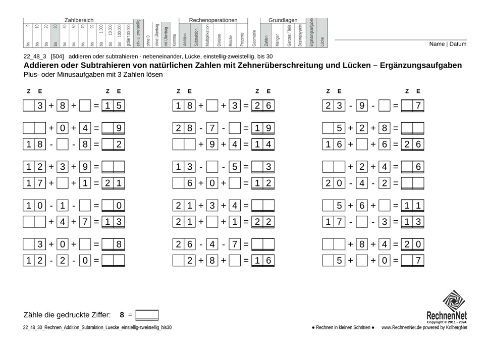 22_48_3 Rechnen Addition Subtraktion Lücke einstellig-zweistellig bis30