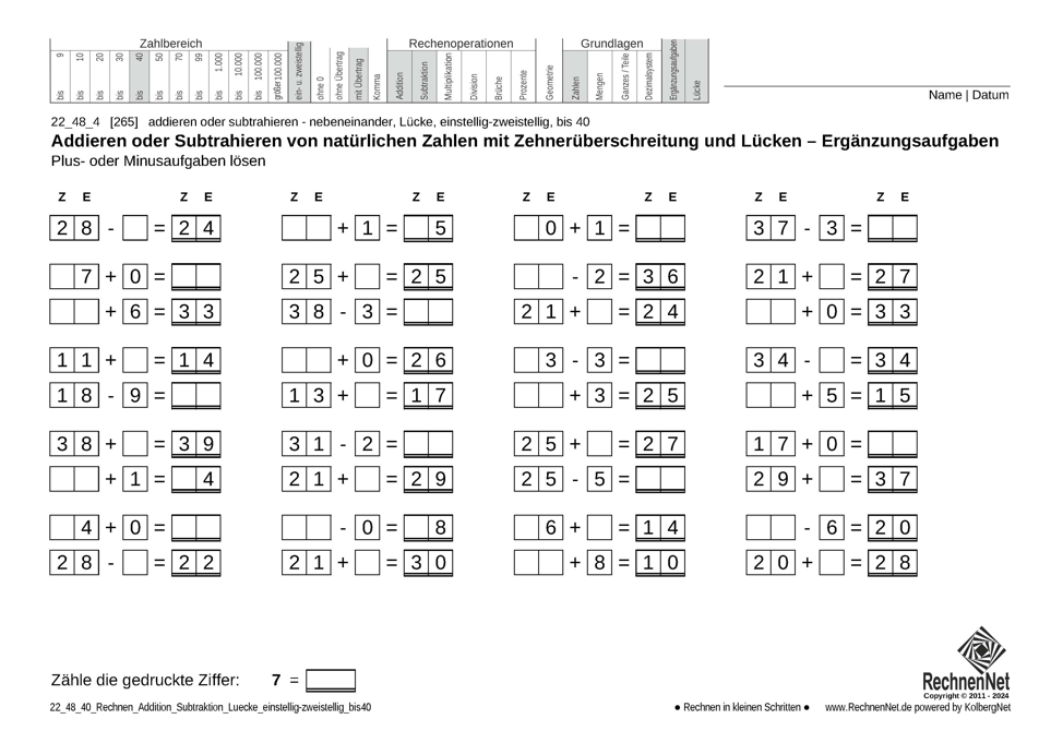 22_48_4 Rechnen Addition Subtraktion Lücke einstellig-zweistellig bis40