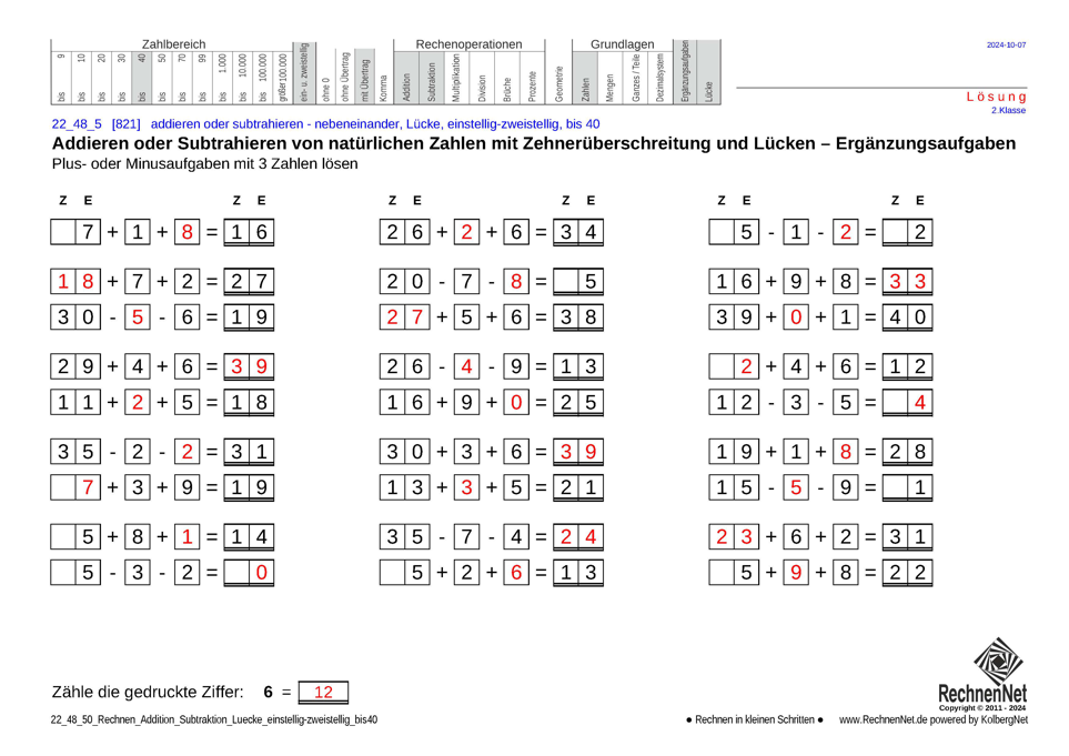Lösung: 22_48_5 Rechnen Addition Subtraktion Lücke einstellig-zweistellig bis40