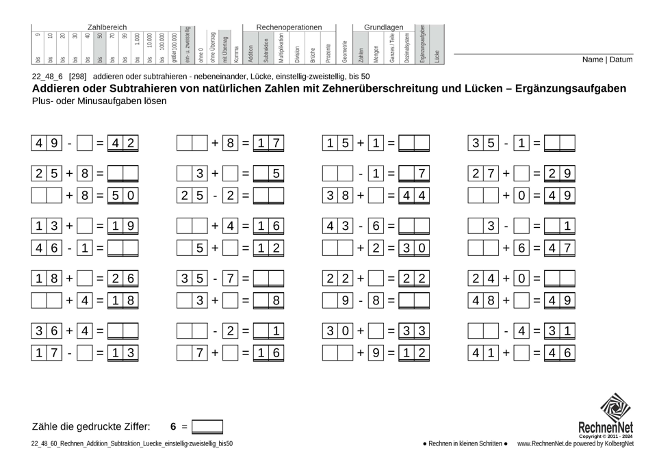 22_48_6 Rechnen Addition Subtraktion Lücke einstellig-zweistellig bis50