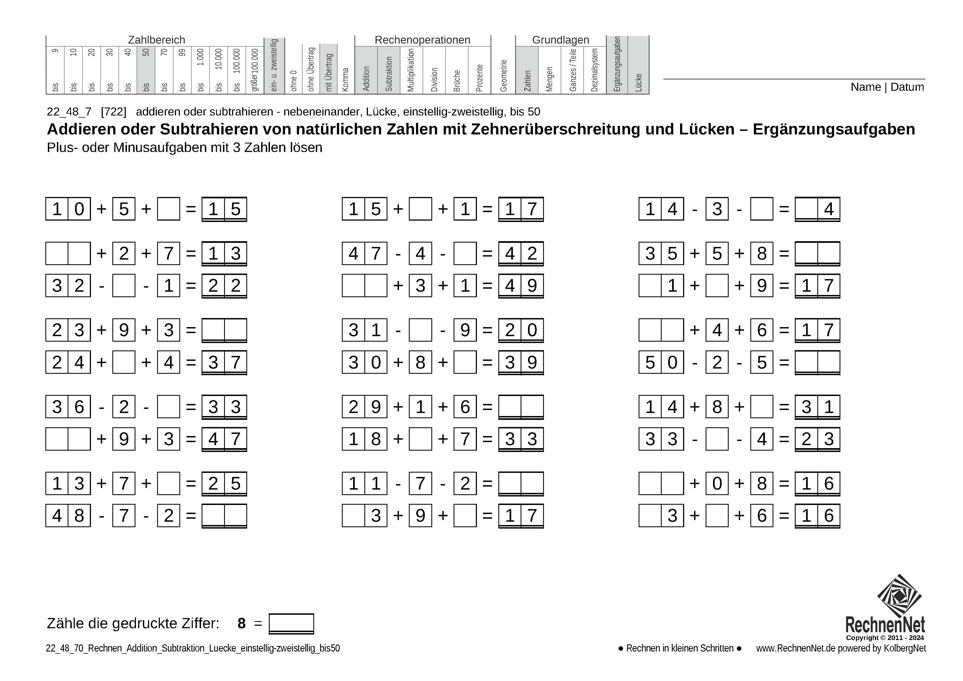 22_48_7 Rechnen Addition Subtraktion Lücke einstellig-zweistellig bis50