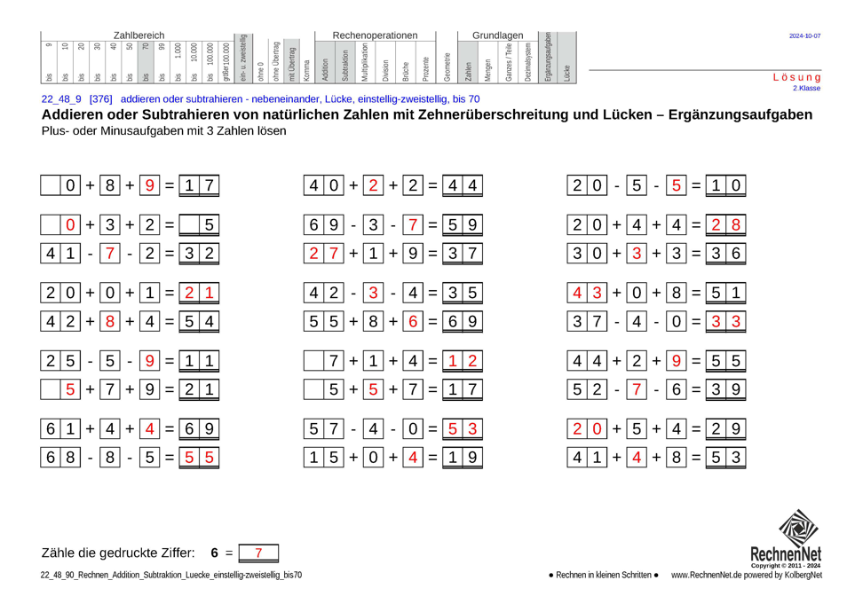Lösung: 22_48_9 Rechnen Addition Subtraktion Lücke einstellig-zweistellig bis70