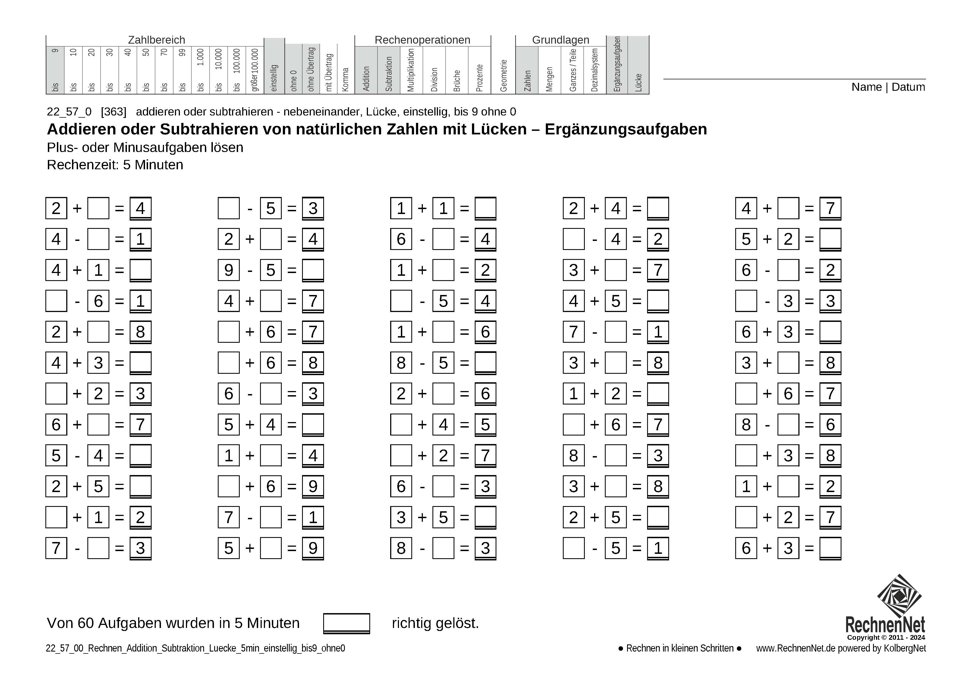 22_57_0 Rechnen Addition Subtraktion Lücke 5min einstellig bis9 ohne0