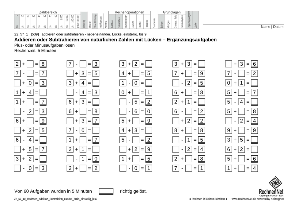22_57_1 Rechnen Addition Subtraktion Lücke 5min einstellig bis9