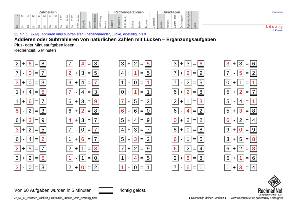 Lösung: 22_57_1 Rechnen Addition Subtraktion Lücke 5min einstellig bis9