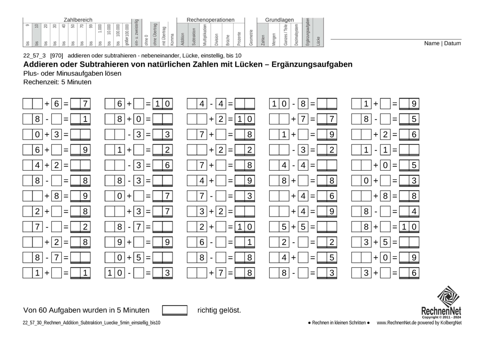 22_57_3 Rechnen Addition Subtraktion Lücke 5min einstellig bis10