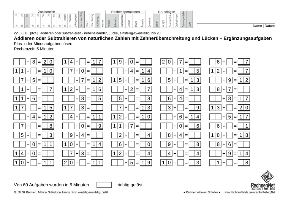 22_58_0 Rechnen Addition Subtraktion Lücke 5min einstellig-zweistellig bis20