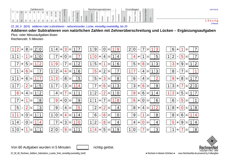 Lösung: 22_58_0 Rechnen Addition Subtraktion Lücke 5min einstellig-zweistellig bis20
