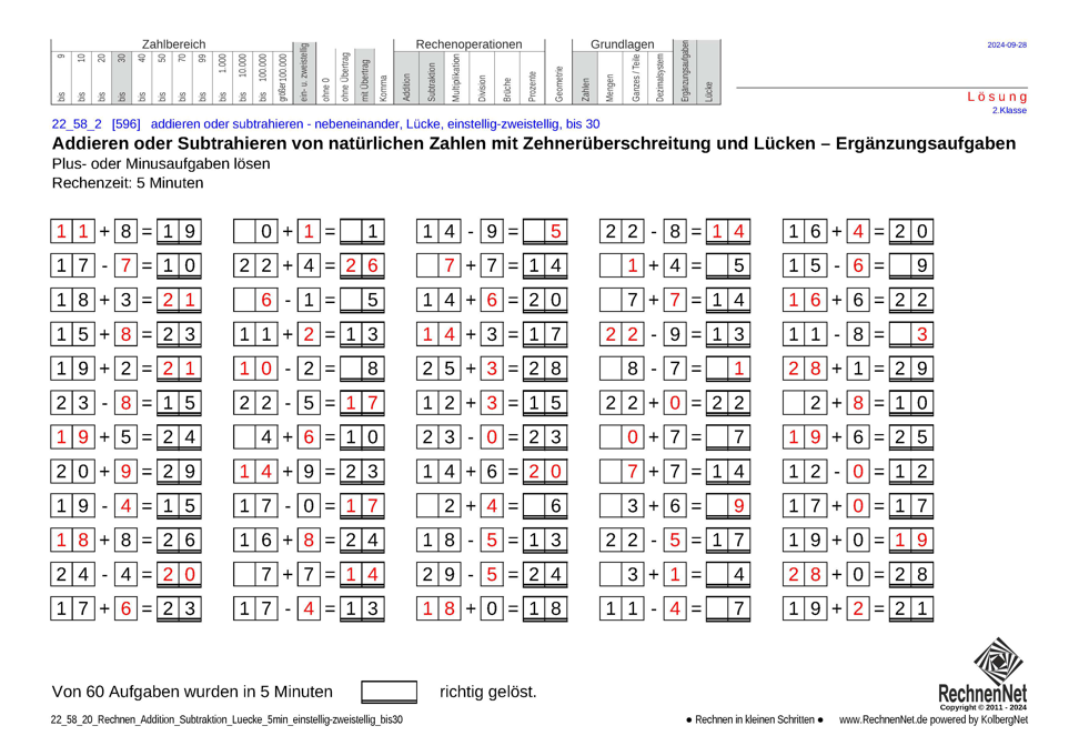 Lösung: 22_58_2 Rechnen Addition Subtraktion Lücke 5min einstellig-zweistellig bis30