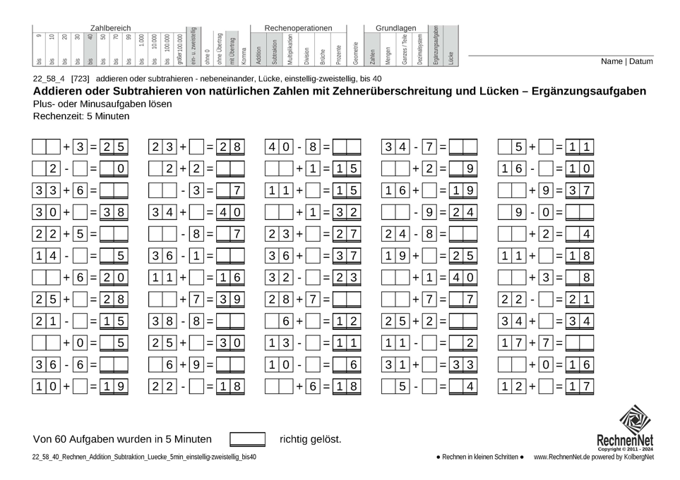 22_58_4 Rechnen Addition Subtraktion Lücke 5min einstellig-zweistellig bis40
