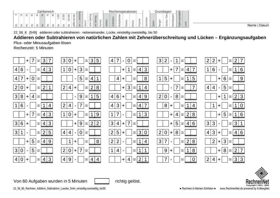 22_58_6 Rechnen Addition Subtraktion Lücke 5min einstellig-zweistellig bis50