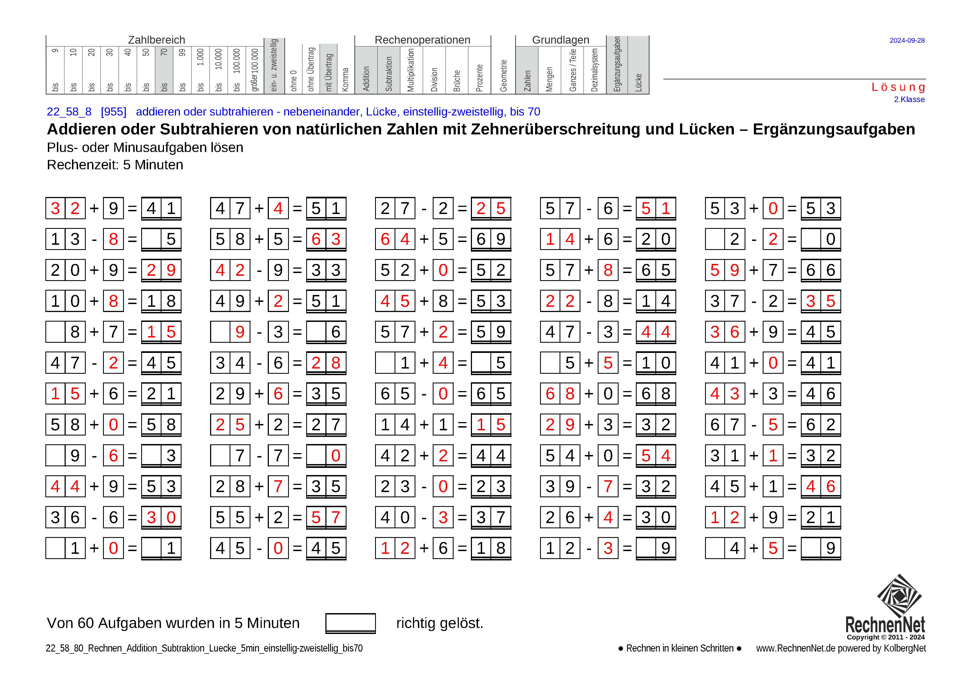 Lösung: 22_58_8 Rechnen Addition Subtraktion Lücke 5min einstellig-zweistellig bis70