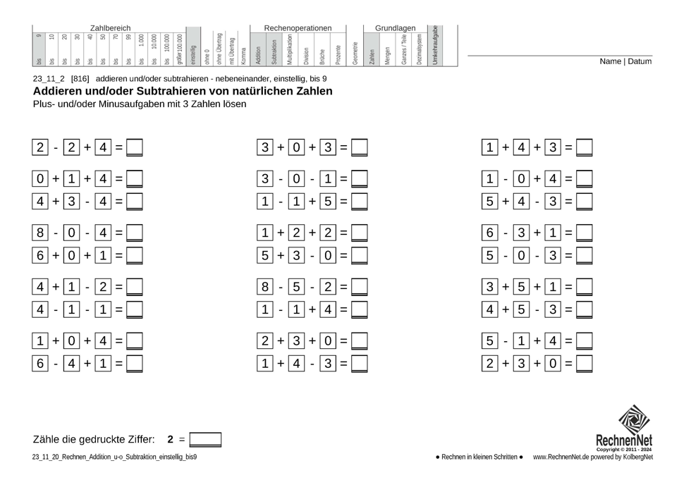 23_11_2 Rechnen Addition Subtraktion einstellig bis9