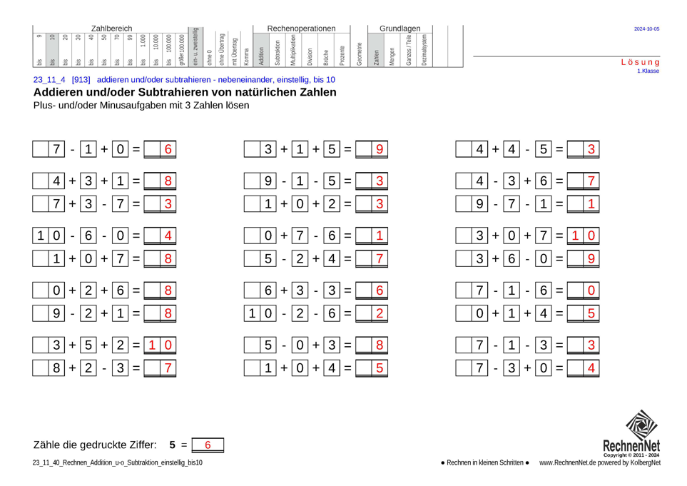 Lösung: 23_11_4 Rechnen Addition Subtraktion einstellig bis10
