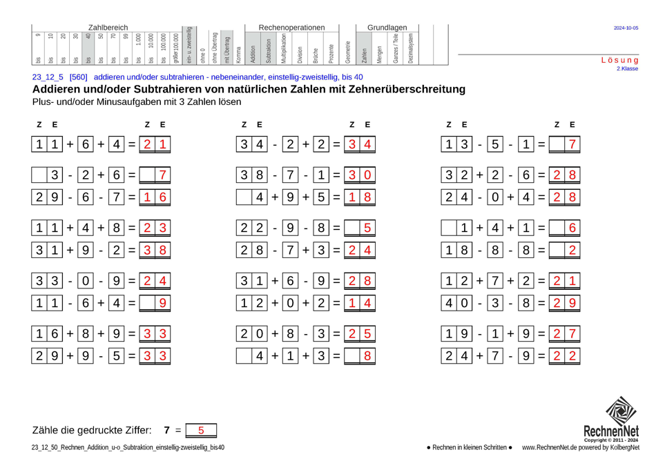Lösung: 23_12_5 Rechnen Addition Subtraktion einstellig-zweistellig bis40