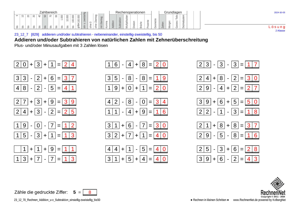 Lösung: 23_12_7 Rechnen Addition Subtraktion einstellig-zweistellig bis50