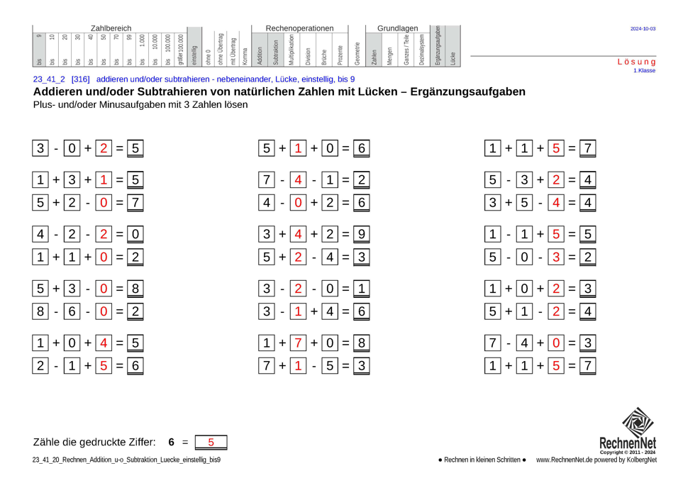 Lösung: 23_41_2 Rechnen Addition Subtraktion Lücke einstellig bis9