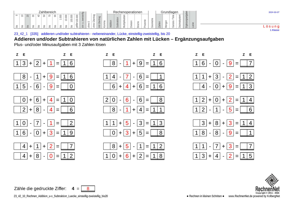 Lösung: 23_42_1 Rechnen Addition Subtraktion Lücke einstellig-zweistellig bis20