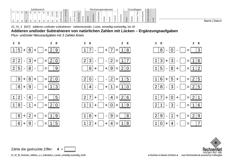 23_42_3 Rechnen Addition Subtraktion Lücke einstellig-zweistellig bis30