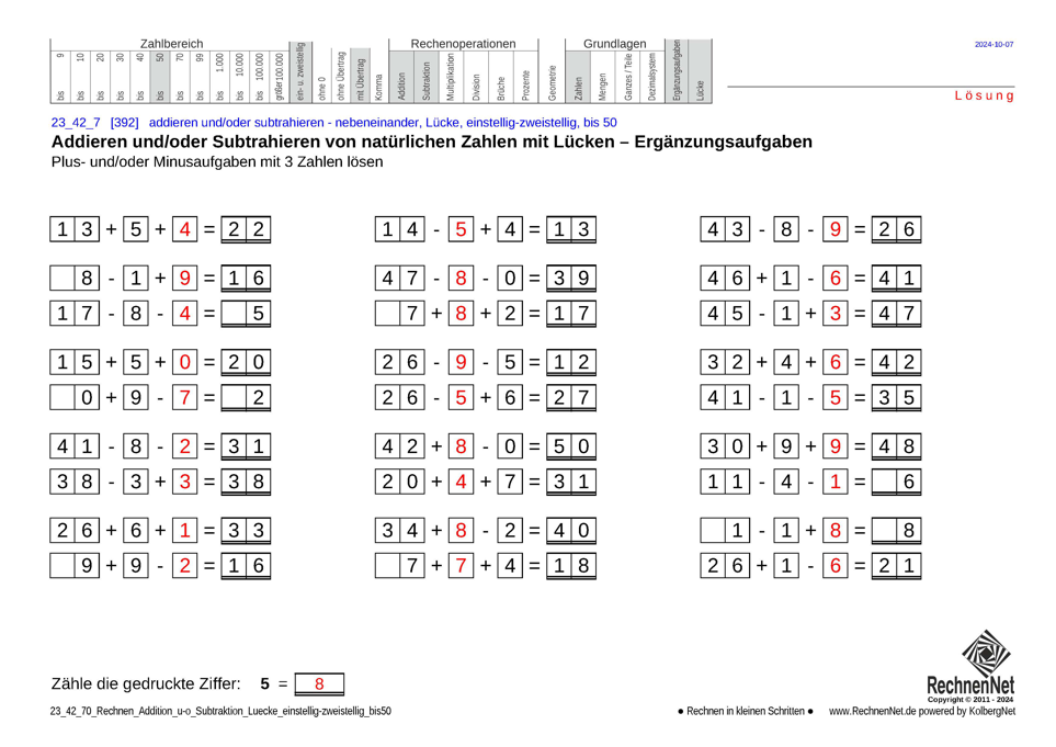 Lösung: 23_42_7 Rechnen Addition Subtraktion Lücke einstellig-zweistellig bis50
