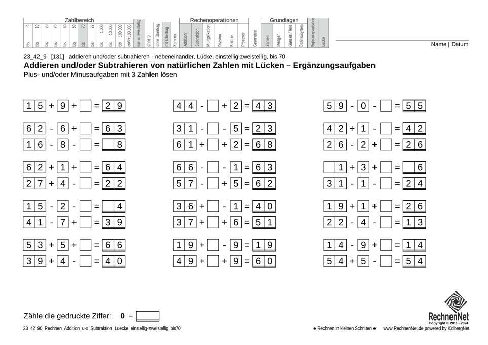 23_42_9 Rechnen Addition Subtraktion Lücke einstellig-zweistellig bis70