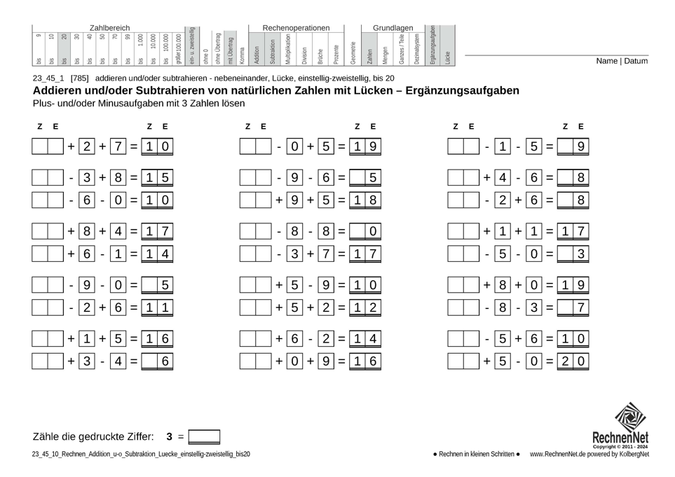 23_45_1 Rechnen Addition Subtraktion Lücke einstellig-zweistellig bis20