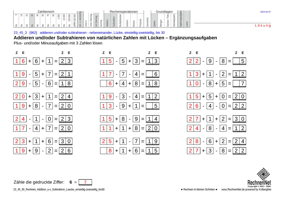 Lösung: 23_45_3 Rechnen Addition Subtraktion Lücke einstellig-zweistellig bis30
