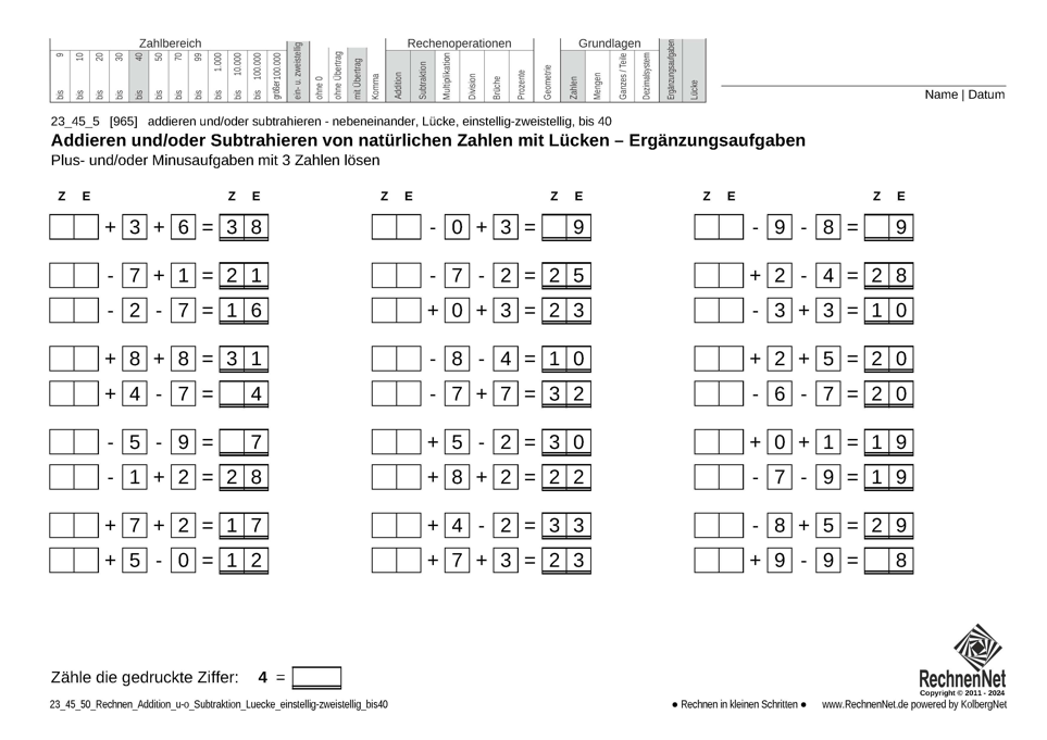 23_45_5 Rechnen Addition Subtraktion Lücke einstellig-zweistellig bis40