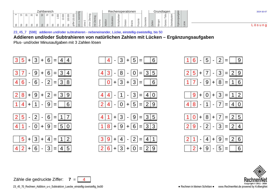 Lösung: 23_45_7 Rechnen Addition Subtraktion Lücke einstellig-zweistellig bis50