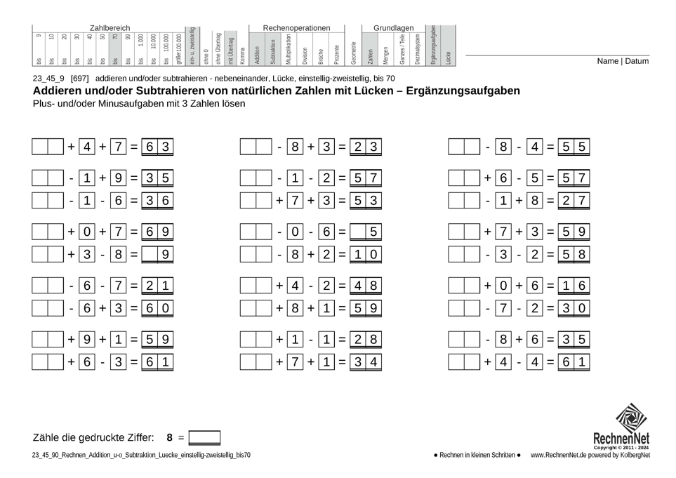 23_45_9 Rechnen Addition Subtraktion Lücke einstellig-zweistellig bis70