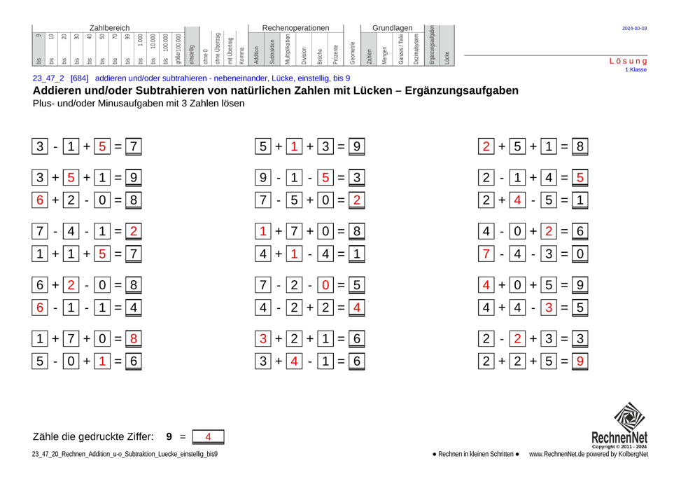 Lösung: 23_47_2 Rechnen Addition Subtraktion Lücke einstellig bis9