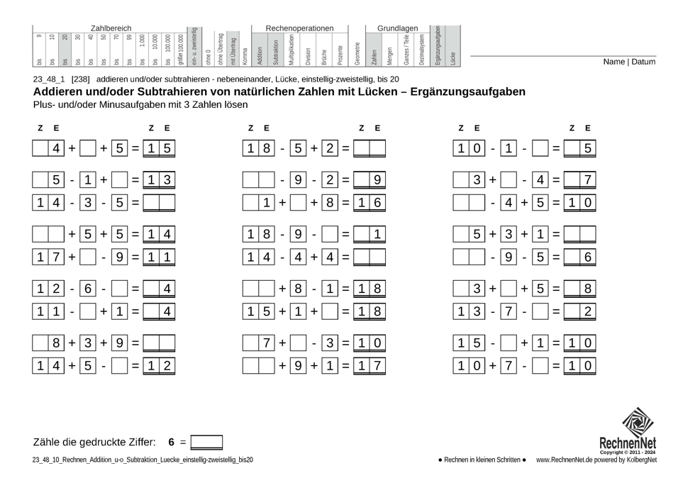 23_48_1 Rechnen Addition Subtraktion Lücke einstellig-zweistellig bis20