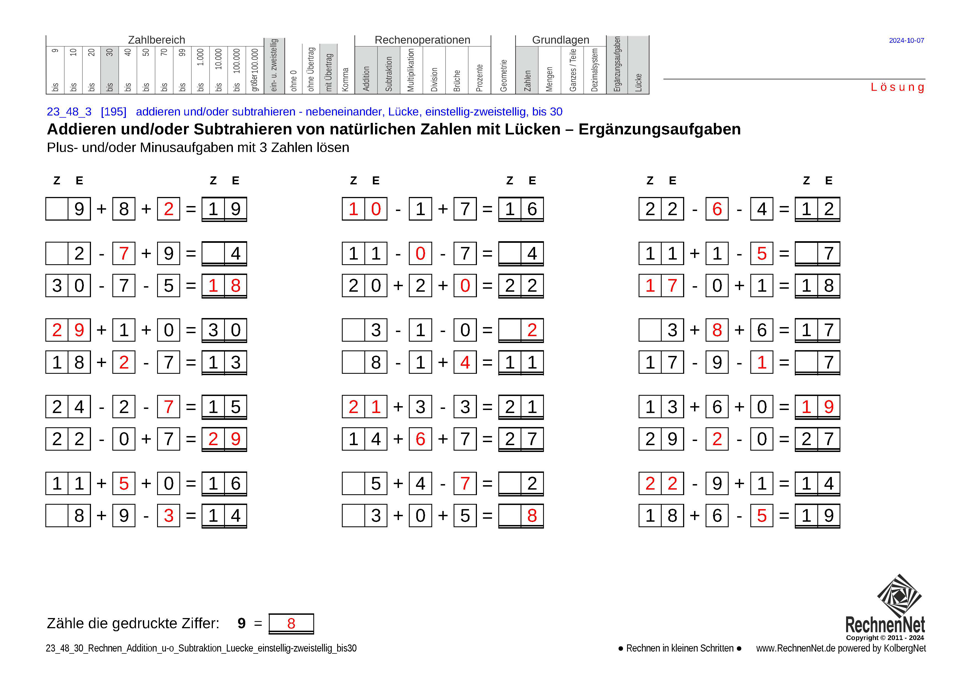 Lösung: 23_48_3 Rechnen Addition Subtraktion Lücke einstellig-zweistellig bis30