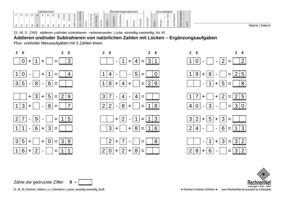 23_48_5 Rechnen Addition Subtraktion Lücke einstellig-zweistellig bis40
