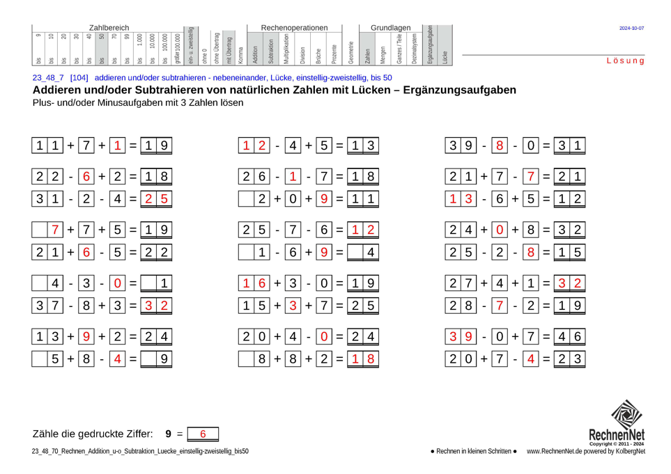 Lösung: 23_48_7 Rechnen Addition Subtraktion Lücke einstellig-zweistellig bis50