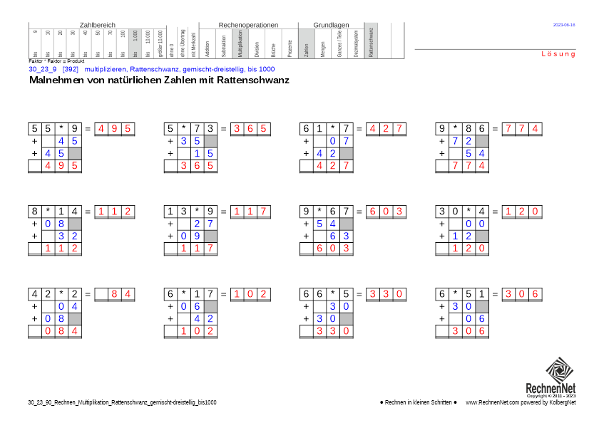 Lösung: 30_23_9 Rechnen Multiplikation Rattenschwanz gemischt-dreistellig bis1000