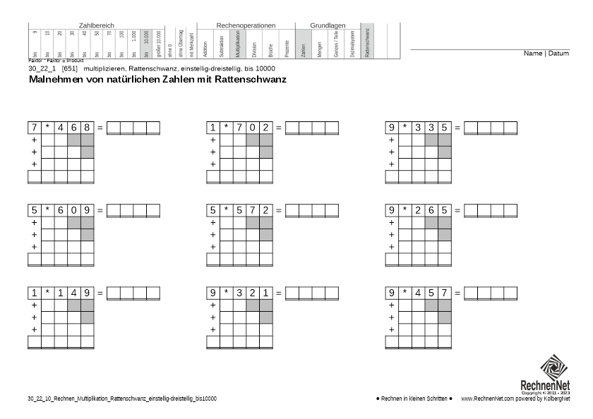 30_24_1 Rechnen Multiplikation Rattenschwanz einstellig-dreistellig bis10000