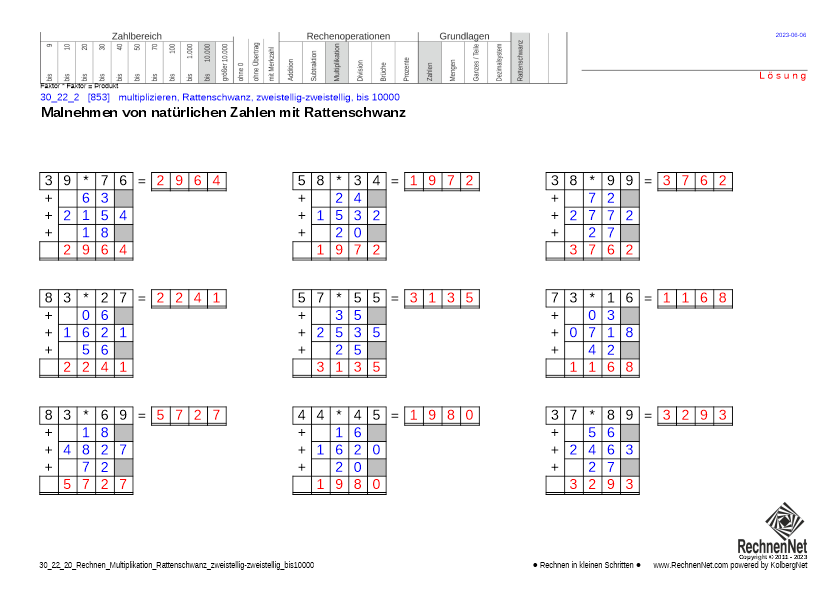 Lösung: 30_24_2 Rechnen Multiplikation Rattenschwanz zweistellig-zweistellig bis10000 Lösung: 30_24_2 Rechnen Multiplikation Rattenschwanz zweistellig-zweistellig bis10000
