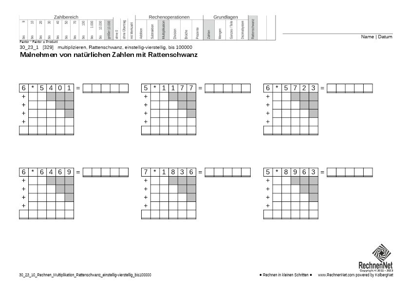 30_25_1 Rechnen Multiplikation Rattenschwanz einstellig-vierstellig bis100000